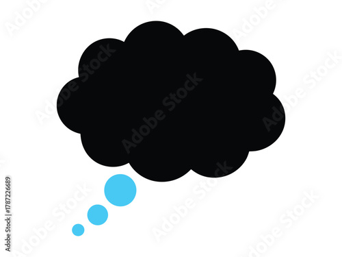 A black thought bubble with blue dots, representing ideas, communication, or contemplation