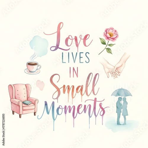 A heartwarming quote about love and small moments, accompanied by illustrations of a steaming coffee cup, a pink armchair, a flower, holding hands, and a couple with an umbrella