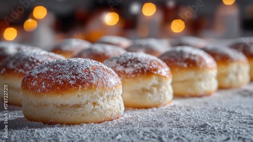 Row of donuts dusted with powdered sugar, soft lights in the background