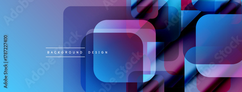 Abstract geometric shapes overlap. Blue gradient transitions into purple hues. Modern design elements create dynamic visual effect.