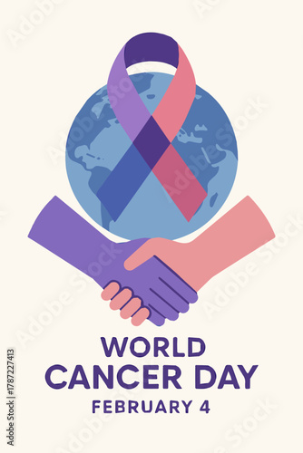Modern flat vector illustration for World Cancer Day, featuring awareness ribbons, supportive people, and hopeful symbols promoting unity, prevention, and early detection. Ideal for health campaigns