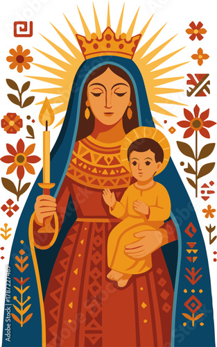 Colorful Andean folk art vector illustration of the Virgen de la Candelaria, featuring intricate traditional patterns, vibrant costumes, and spiritual symbolism. Inspired by Peruvian and Bolivian cult