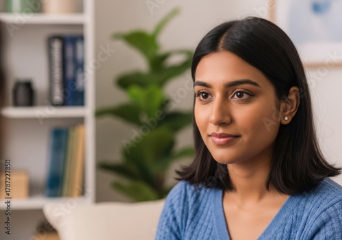 Free Download Portrait of a thoughtful young indian woman at home, looking away with a serene expression, enjoying a peaceful moment of contemplation indoors - GFXLoad