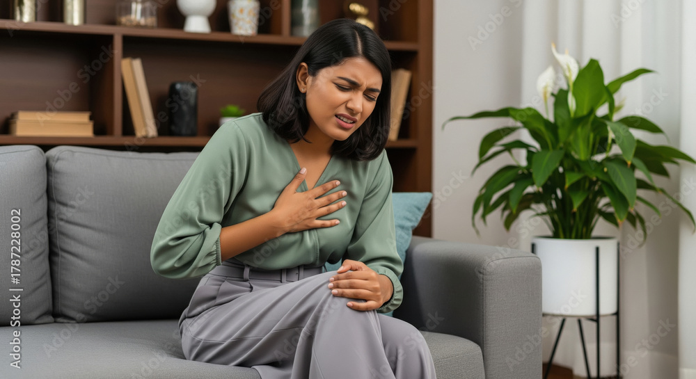 Obraz premium Young woman suffering from severe chest pain at home