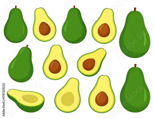Illustration of various whole and halved green fruits with large brown seeds