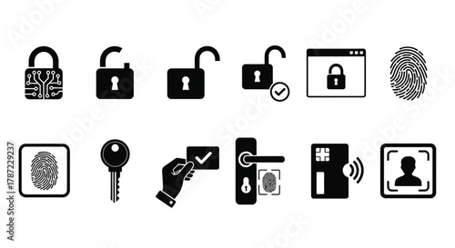Security access vector icons set lock key fingerprint identification