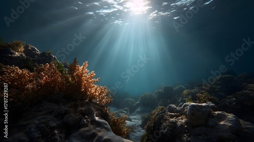 Fototapeta Naklejka Na Ścianę i Meble -  Sunlight streaming through clear ocean water onto a vibrant coral reef ecosystem serene marine life