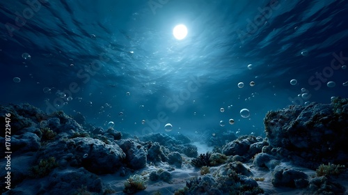 Fototapeta Naklejka Na Ścianę i Meble -  Underwater sunlight illuminates coral reef with rising bubbles