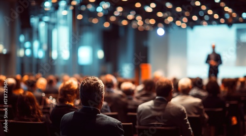 Presenter Presenting on Stage at Conference Meeting. Professional Lecture. Blurred Unidentifiable Presenter and Audience. Corporate Executive Manager Speaker. People Attendees, Company seminar class