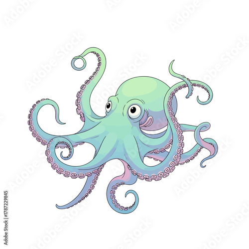 A cute blue green octopus with many tentacles