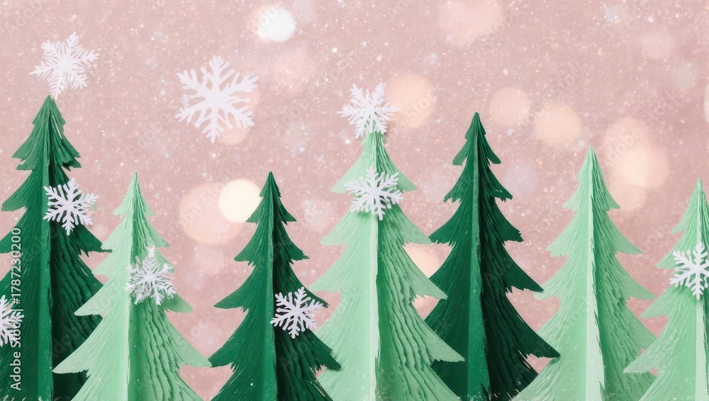 Obraz premium Festive Paper Christmas Trees with Snowflakes on Pink Bokeh Background.
