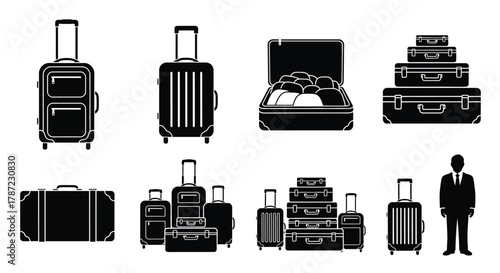 Travel luggage suitcase baggage vector illustration set icons pack