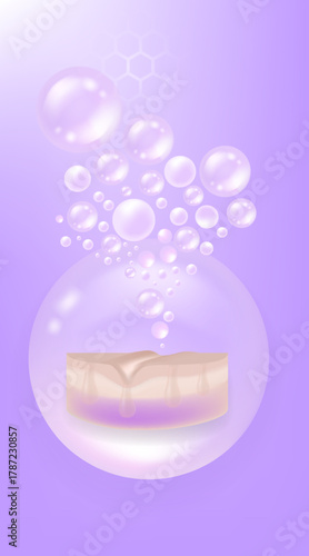 Hyaluronic acid and Niacinamide hair and skin solutions ad, purple collagen serum drops into skin cell with cosmetic advertising background ready to use, illustration vector.	