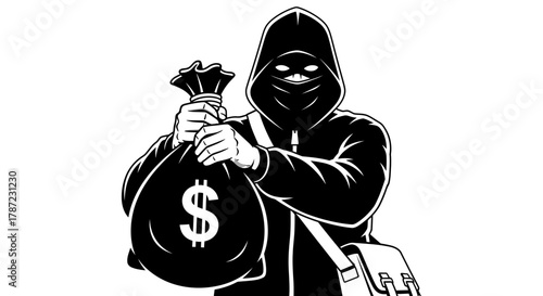 Vector illustration of thief holding money bag isolated on white