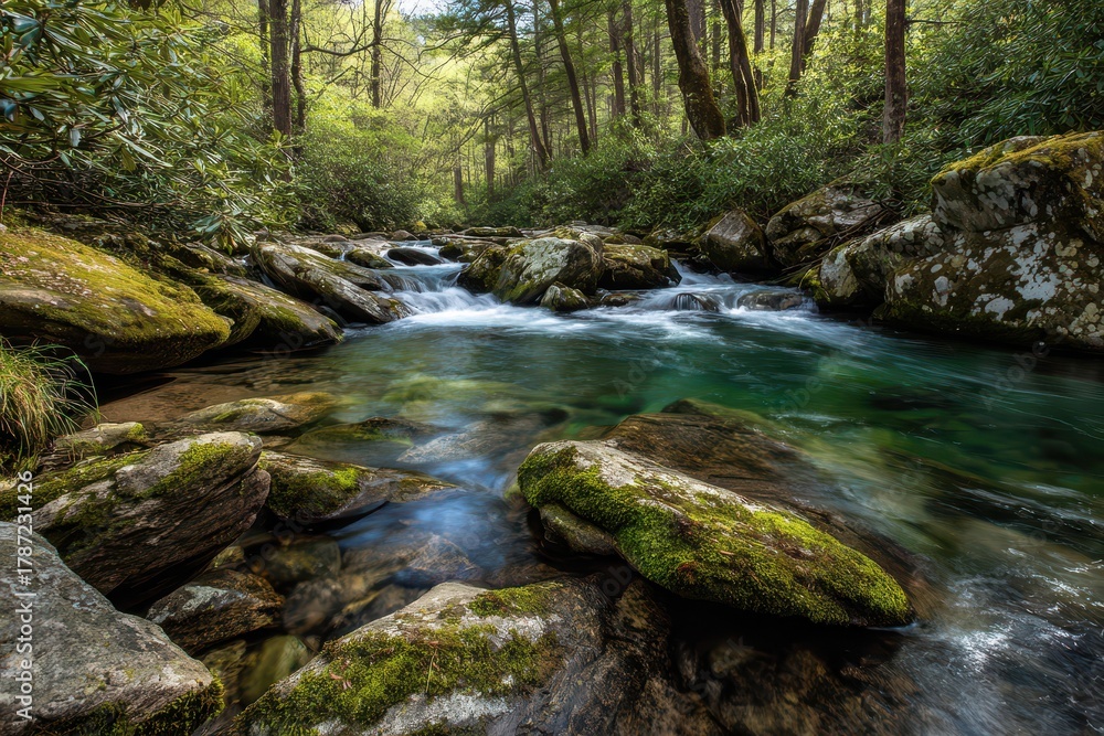 Obraz premium Peaceful woodland creek with smooth flowing water over rocks