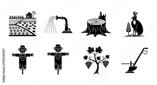 Agricultural Black and White Icons Farming, Scarecrows, Vineyards, Irrigation, and Land Tools