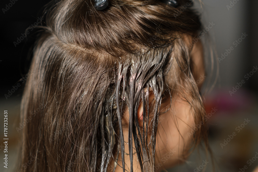 Naklejka premium Hair Coloring Process Taking Place on a Young Womans Hair in a Well-Lit Salon Setting