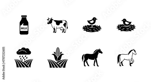 Farm Icons Milk, Cow, Birds, Cloud, Corn, and Horses Black Silhouettes on White Background