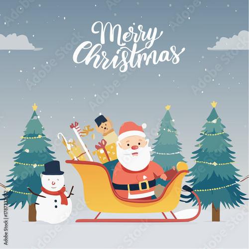 Christmas Santa in Sleigh with Snowman and Festive Pine Trees Holiday Seasonal Celebration Scene