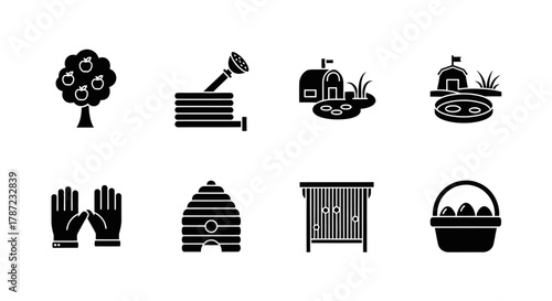Bee Keeping and Gardening Essential Elements in Black Silhouette