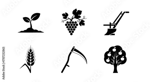 Agriculture and Farming Icons Seedling, Grape, Plow, Wheat, Scythe, Apple Tree in Black and White
