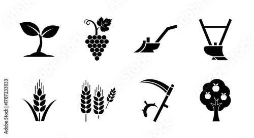 Agricultural Harvest Farm Tools, Produce, and Crops Vector Icons Representing Sustainable Farming and Cultivation Practices