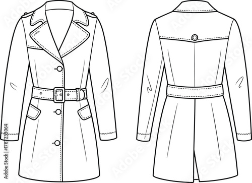 Classic women's trench coat jacket flat technical vector illustration, belted waist, notched collar, fashion outerwear template CAD drawing.