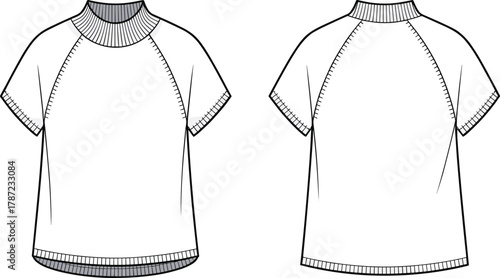 Mock neck t-shirt short sleeve knit top flat sketch vector illustration, raglan seam detail, ribbed trim, technical fashion template CAD.