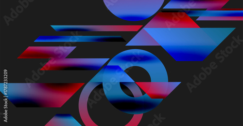 Abstract geometric shapes, vibrant blue, red gradients dominate dark background. Dynamic composition suggests movement, energy.
