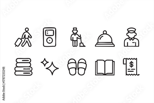 Bellhop and housekeeping outline symbols for hotel management and tourism graphics