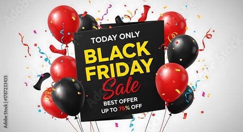 Black friday sale announcement with balloons and confetti