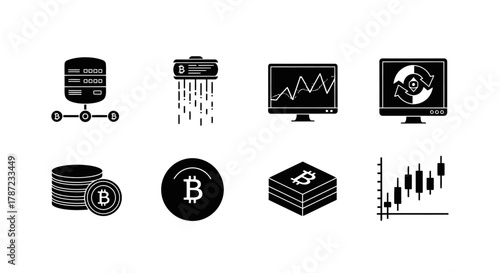 Collection of Modern Cryptocurrency Icons Bitcoin Trading, Blockchain Technology & Digital Finance
