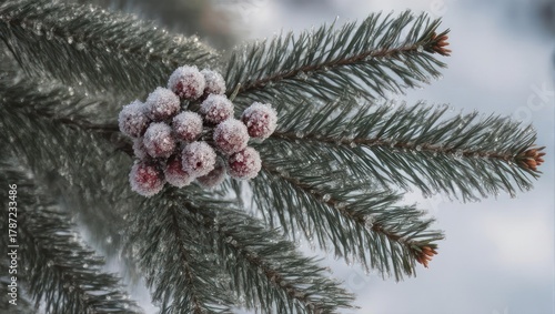 Frost Covered Pine Branch with Berries in Winter.