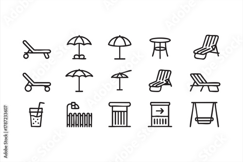 Minimal line art vacation and leisure furniture icons set for hospitality branding