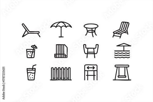 Poolside resort symbols showing sun loungers, umbrellas, and drinks in outline style
