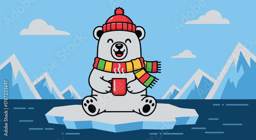 Cute polar bear cartoon drinking hot cocoa on ice floe illustration