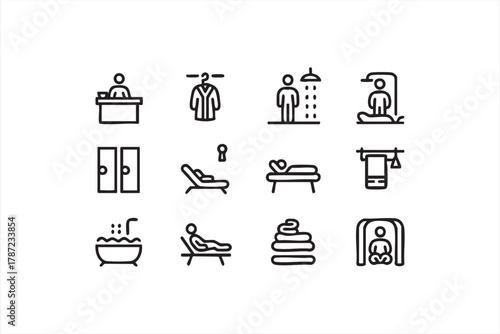 Spa and wellness line art icons for health, relaxation, and massage therapy branding