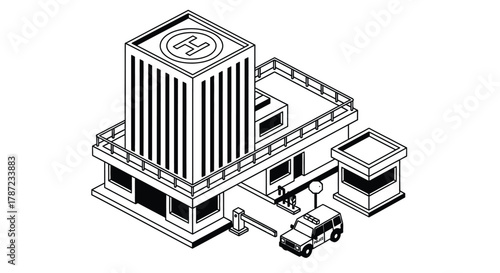 Isometric police station building with helipad and security vehicle