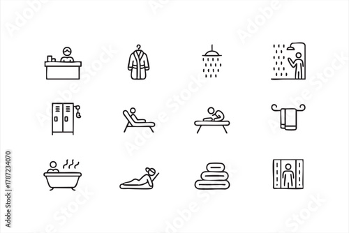 Outline vector illustration of spa relaxation, hot bath, and meditation concepts