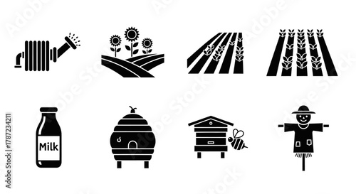Black and White Farm Icons Set Milk, Beehives, Sunflowers, Watering Can & Scarecrow