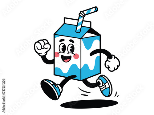Cartoon milk box character running retro style milk carton mascot with straw