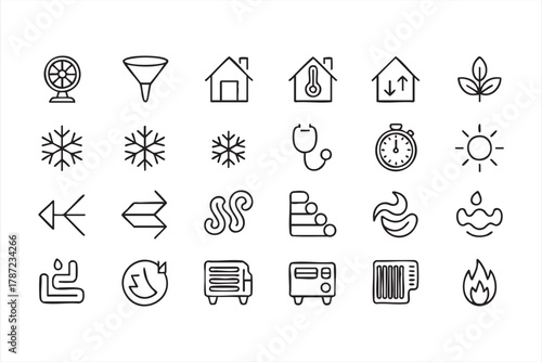 Heating and ventilation line art set for home temperature and air management design