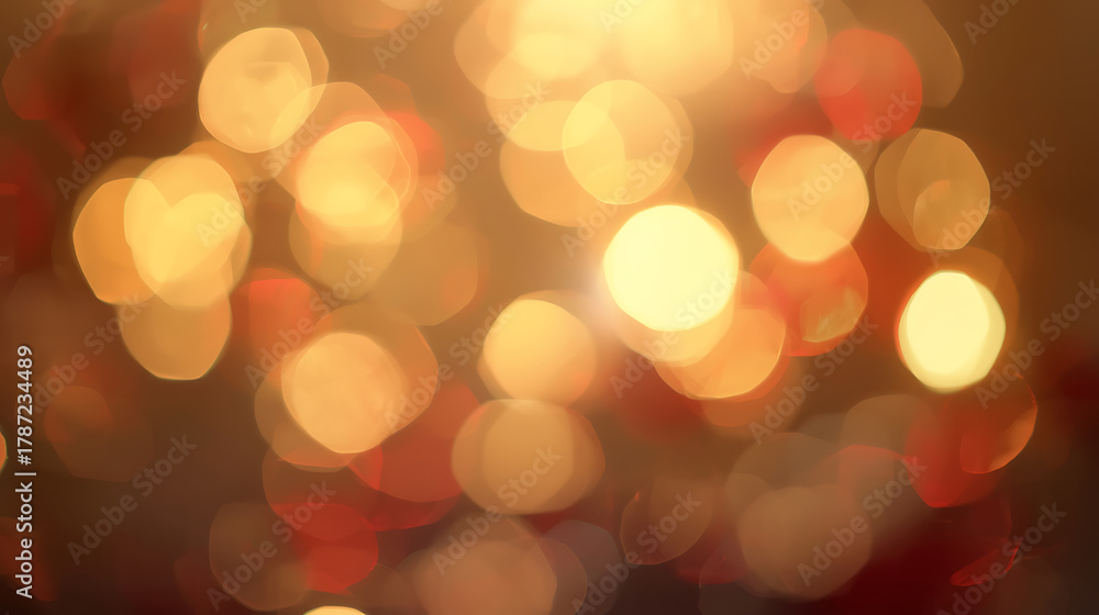Obraz premium Warm and cozy Christmas bokeh background with softly blurred golden and red lights. The glowing festive atmosphere adds a sense of joy and celebration, ideal for holiday greeting cards, New Year desig
