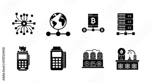 Black and White Cryptocurrency Icons Network, Bitcoin, and Mining Symbols