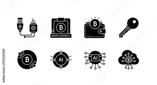 Black and White Icons Set Representing Cryptocurrency, AI, and Blockchain Technology