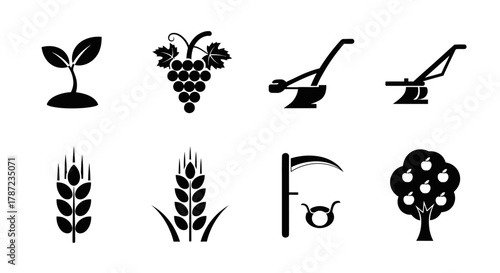 Agriculture Icons Set Farm Tools, Crops, and Harvest Symbols in Black Silhouette