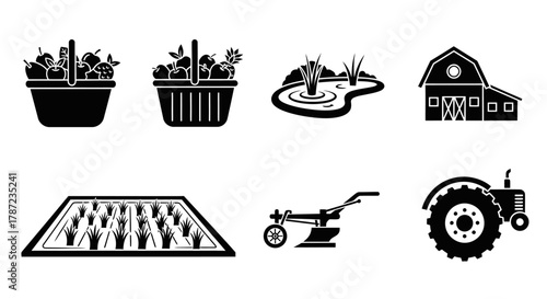 Harvest Icons Black & White Farm Elements for Sustainable Living and Fresh Produce