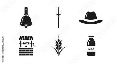 Farm Life Icons Classic Agricultural Symbols in Black and White for Rustic Design Projects