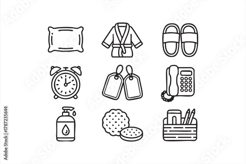 Hotel room amenities vector icons for travel, hospitality, and guest service design