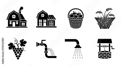 Farm Life Icons Black Silhouettes of Barn, Well, and Harvest Elements for Sustainable Living